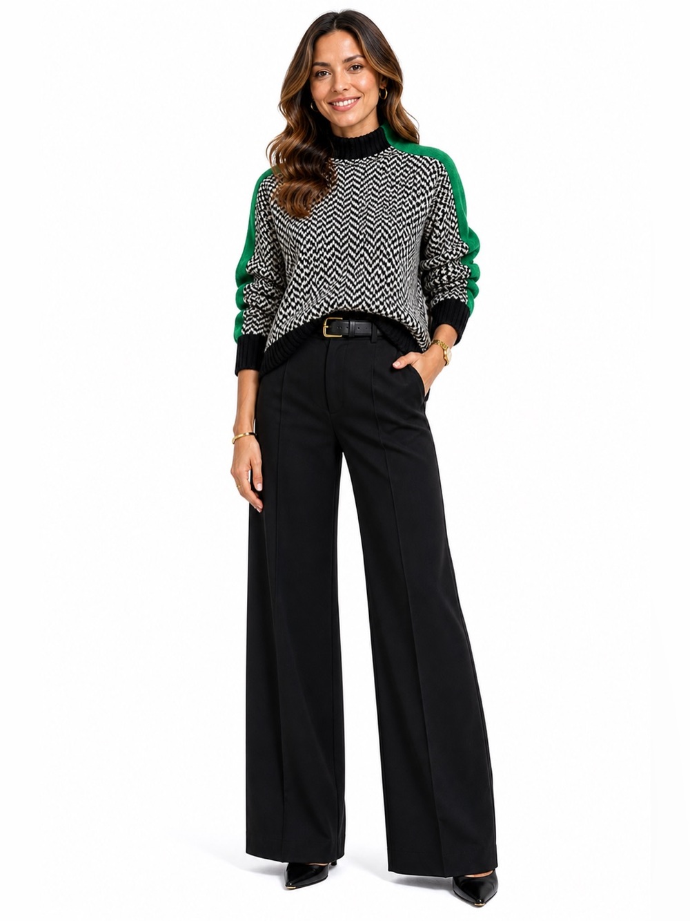 Green-Accented Black & White Cowlneck Sweater